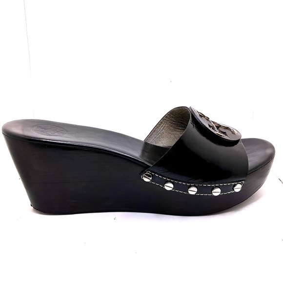 TORY BURCH Patent Leather Logo Wedge Platform Slide Sandal Black Size 10M - Picture 3 of 5